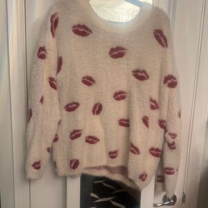 JustFab Cream and Red Lip Pattern Sweater Valentines